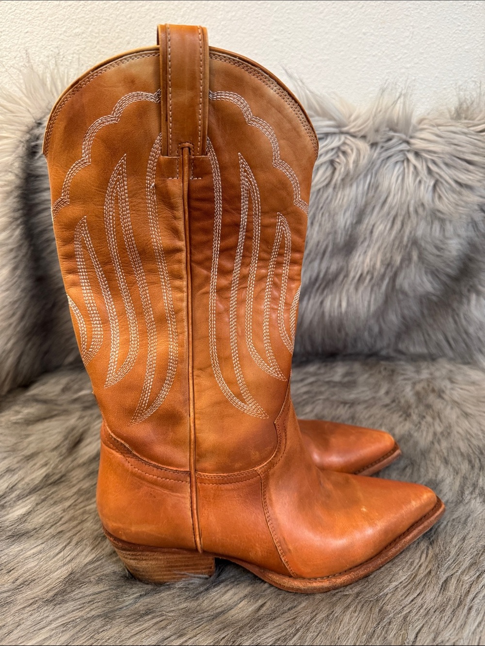 Free People Classic Tan Leather Western Boots - Stylish Cowboy Boot Size 38